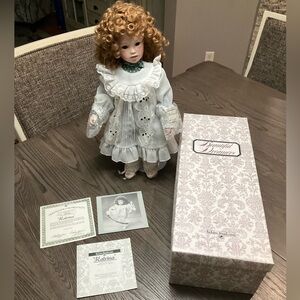 Vintage Katrina Porcelain Doll with Curly Hair in White Dress with Box